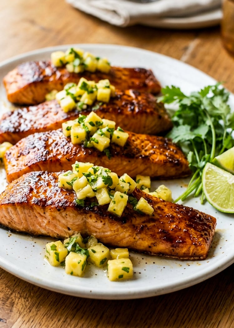 Salmon pieces on platter topped with pineapple salsa.