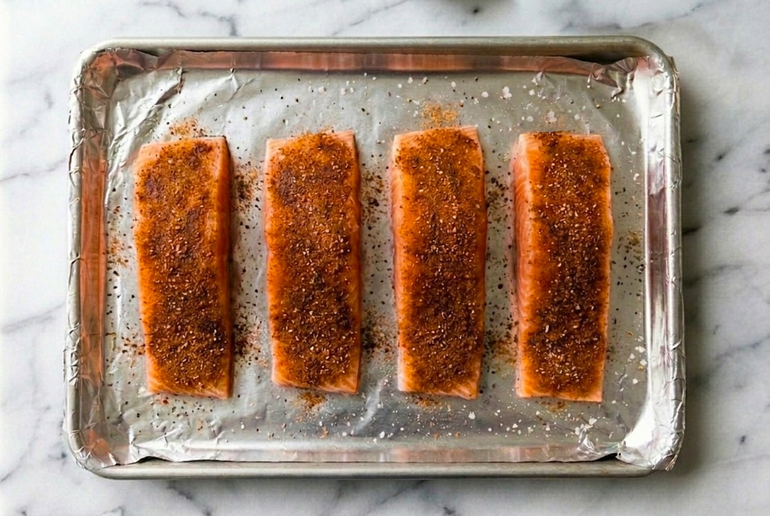 maple-glazed-salmon-pineapple-salsa-ready-for-oven salmon filets topped with spice rub