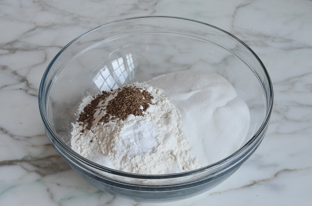 Bowl of unmixed dry ingredients.