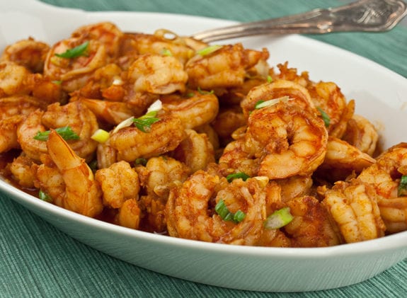 Dish of sauteed shrimp.