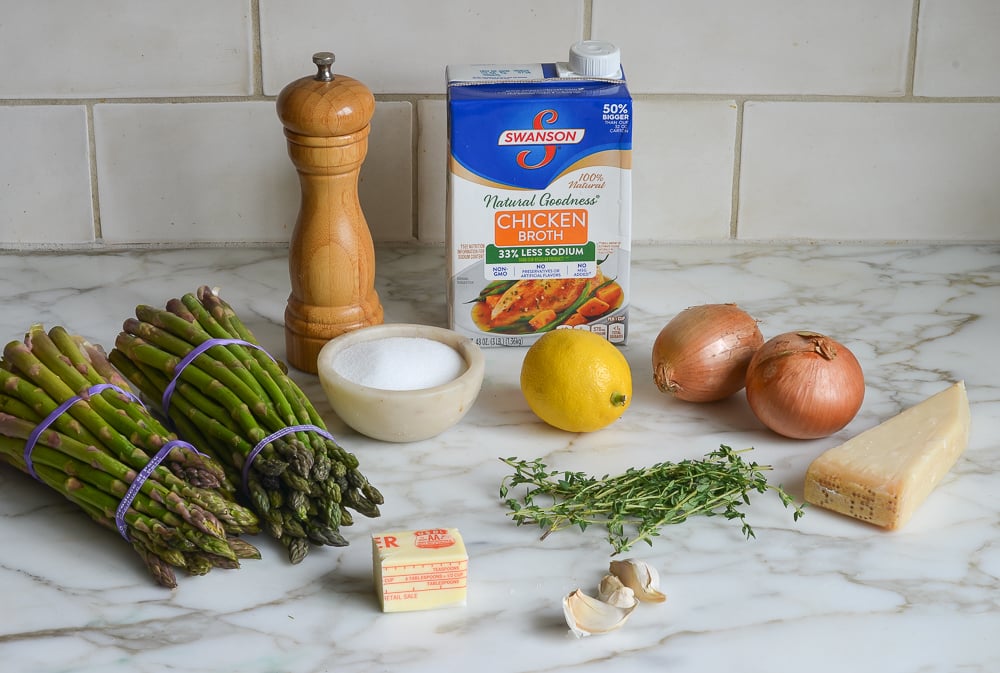 Soup ingredients including chicken broth, lemon, and onion.