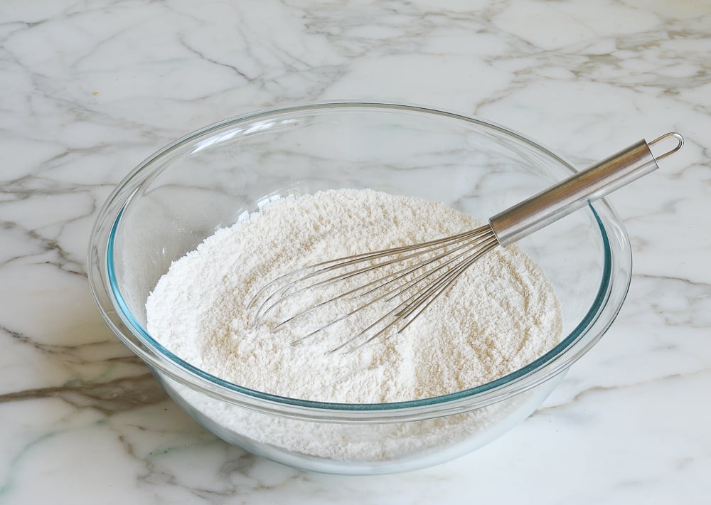 whisked dry ingredients in mixing bowl