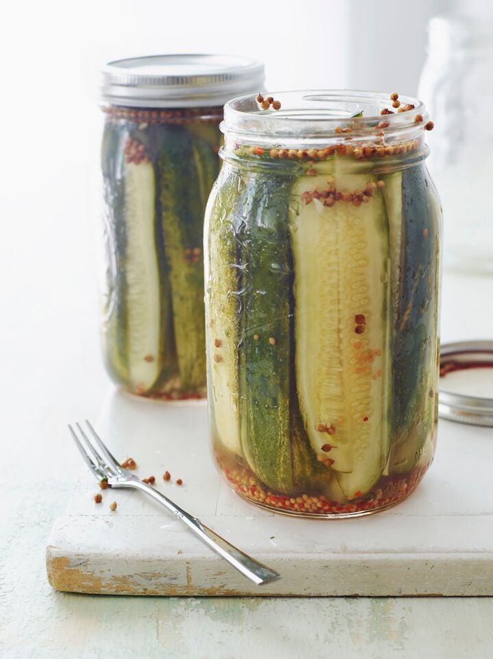 Glass jars of pickles.