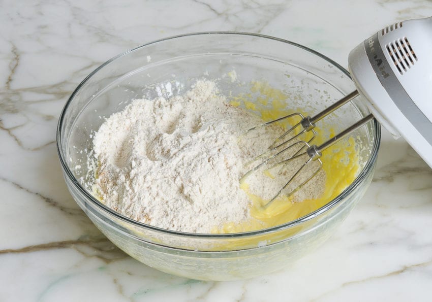 Wet and dry ingredients in a bowl.