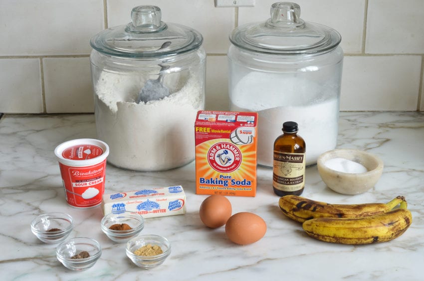 Bread ingredients including sour cream, vanilla, and eggs.