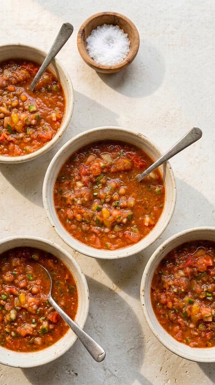 Four bowls of roasted garlic gazpacho on stone table