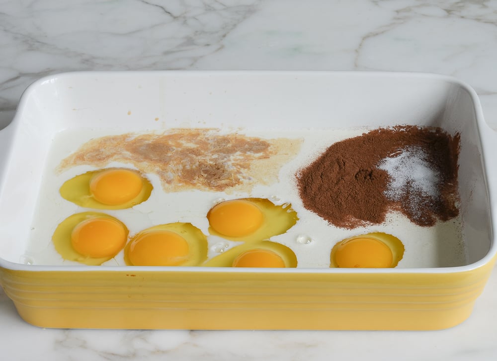 custard ingredients in baking dish