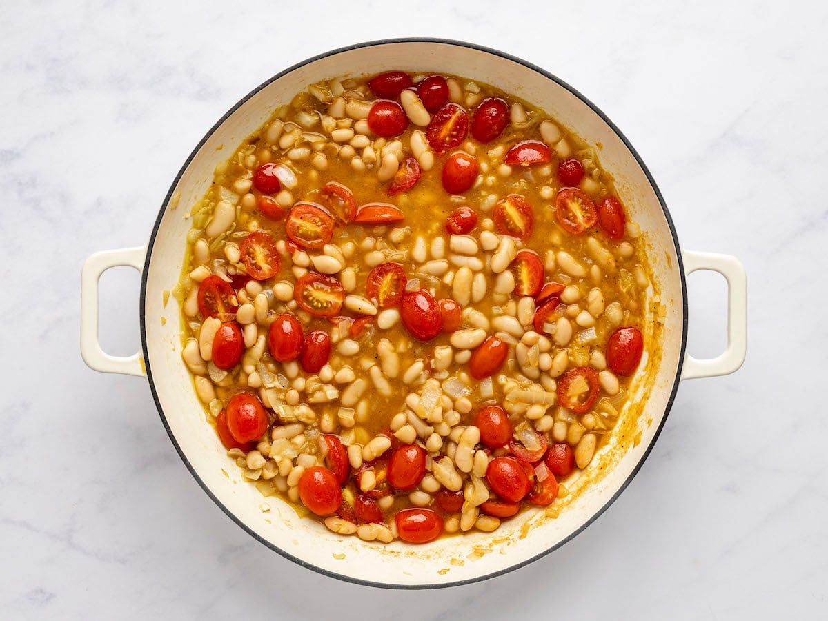 Mixture simmering in large dutch oven