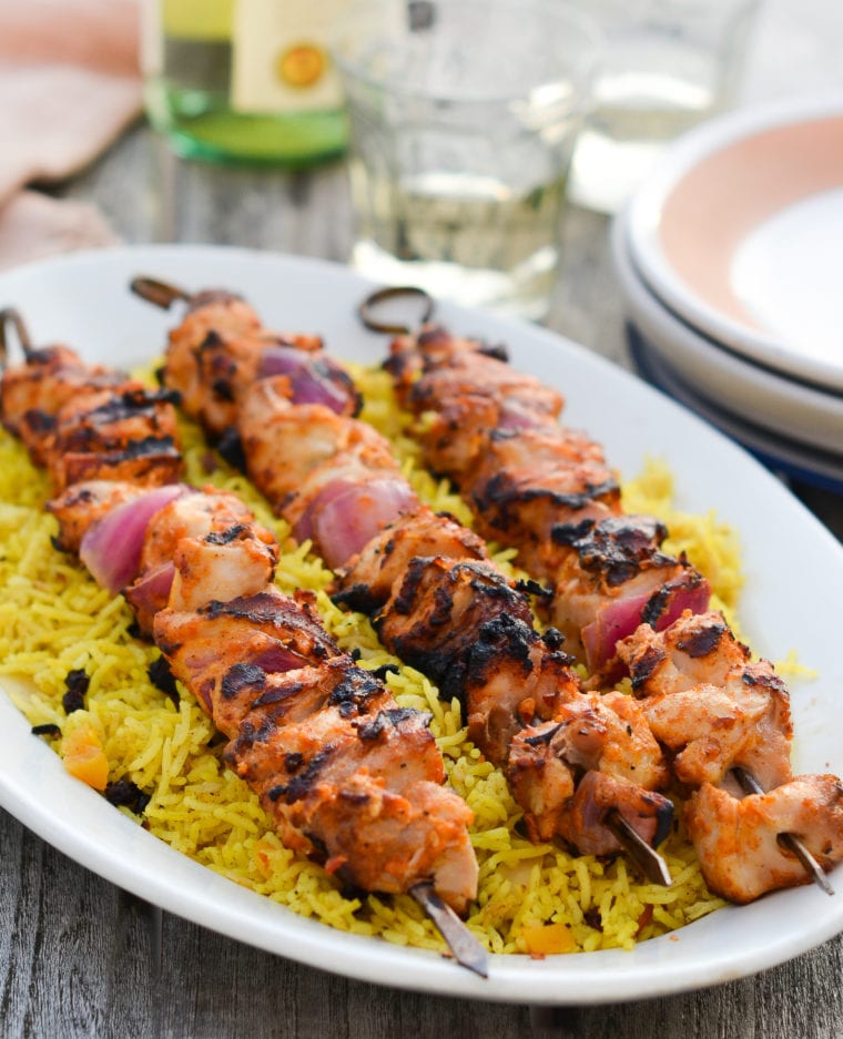 Platter of Middle Eastern-style grilled chicken kabobs.