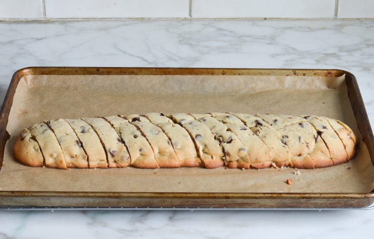 Sliced log of chocolate chip Mandel bread.