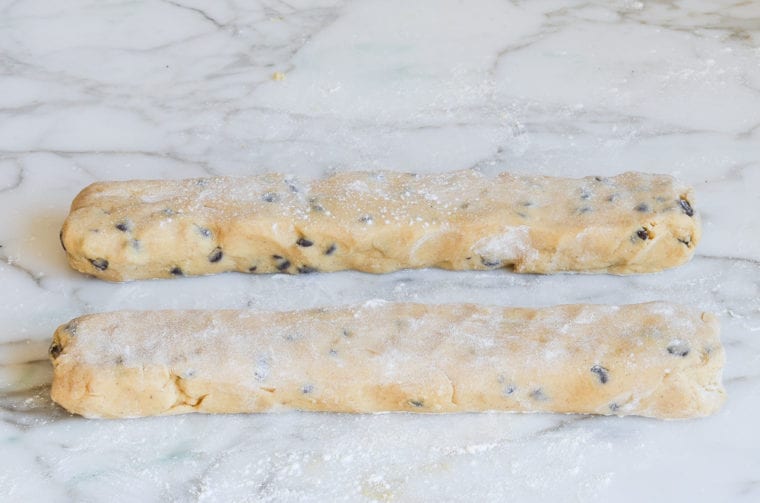 Two logs of chocolate chip dough.