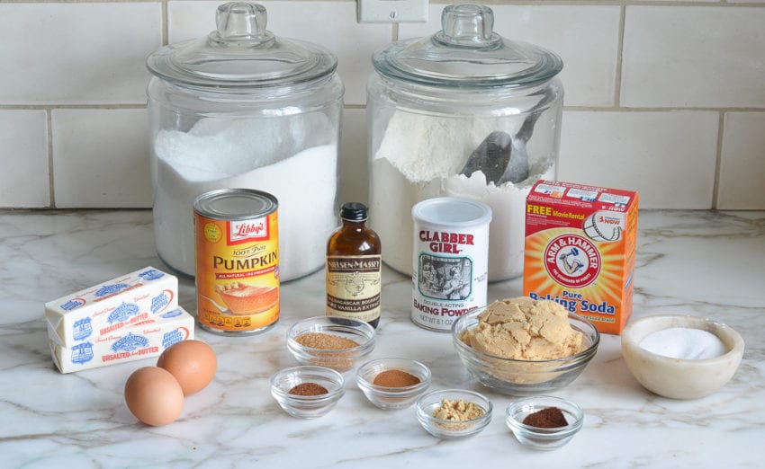 Cookie ingredients including pumpkin puree, vanilla, and eggs.