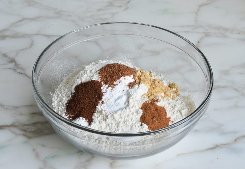 Bowl of unmixed dry ingredients.