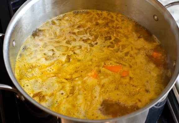 bringing-soup-to-a-boil Boiling pot of chicken broth.