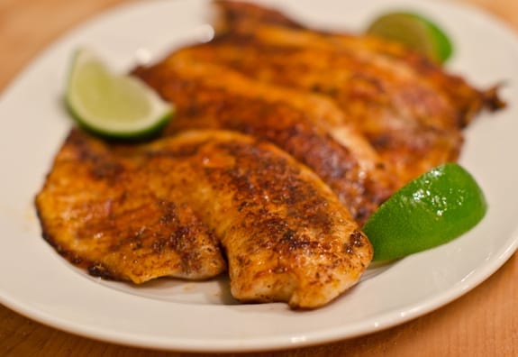 Plate of blackened tilapia.