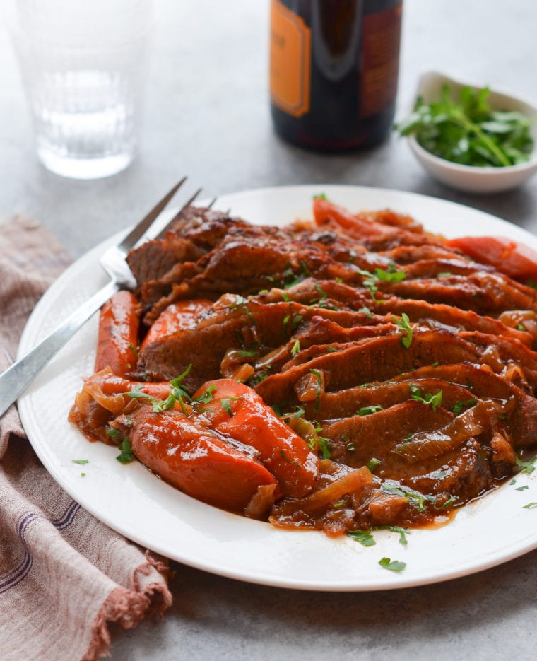 Plate of onion-braised beef brisket.