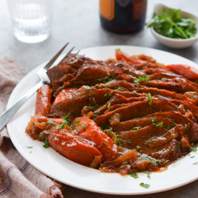 Plate of onion-braised beef brisket.
