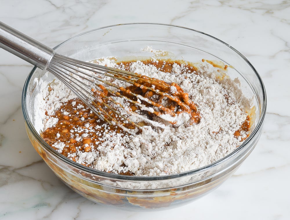 whisking the dry ingredients into the liquid ingredients