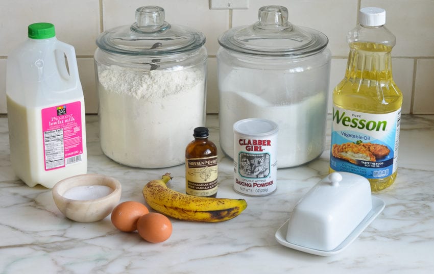 Banana pancake ingredients including vanilla, eggs, and milk.
