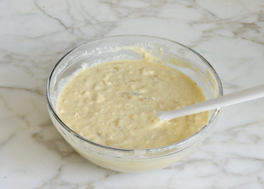 Bowl of banana pancake batter.