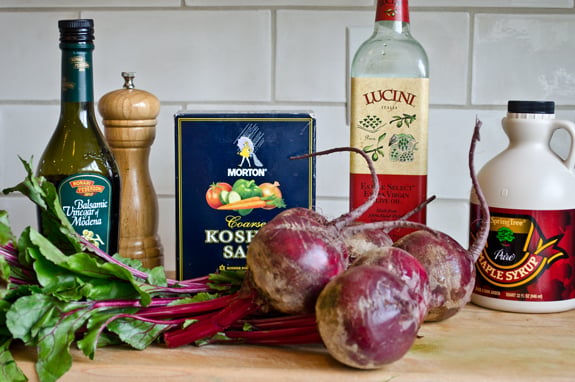 ingredients Beet ingredients including kosher salt, olive oil, and balsamic vinegar.