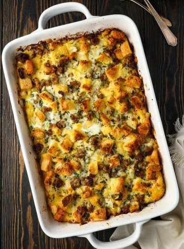 Breakfast casserole in a baking dish.