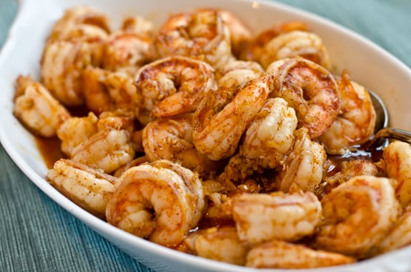 Bowl of ginger, garlic, and chili shrimp.