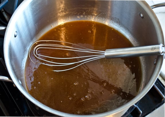 butter-sugar-honey Butter, brown sugar, and honey in a pan.