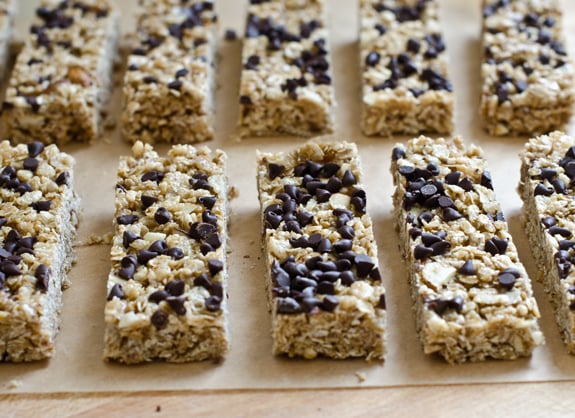 chocolate-chip-granola-bars Granola bars on parchment paper.