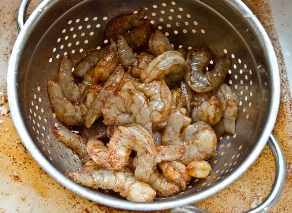 Brined shrimp in a colander.