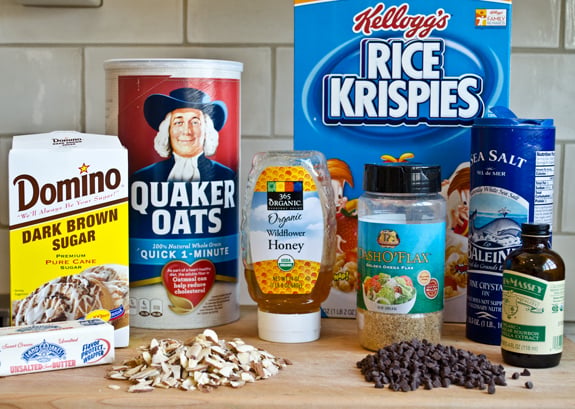 ingredients-1 Granola bar ingredients including Rice Krispies, oats, and honey.