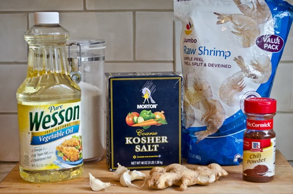 Shrimp ingredients including kosher salt, vegetable oil, and garlic.