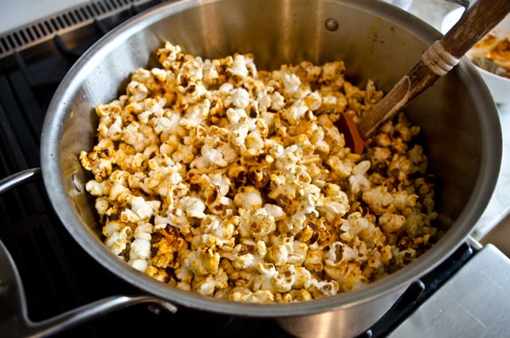 Pot of Nigella Lawson's party popcorn.