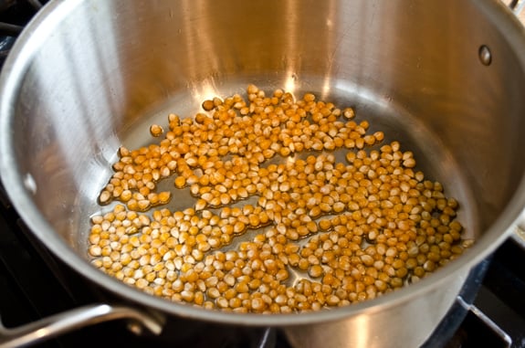 Popcorn kernels in a pot.
