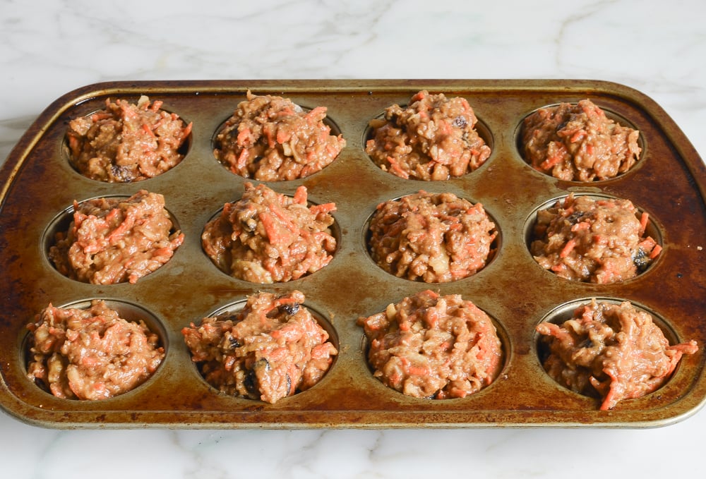 morning glory muffin batter in pan, ready to bake