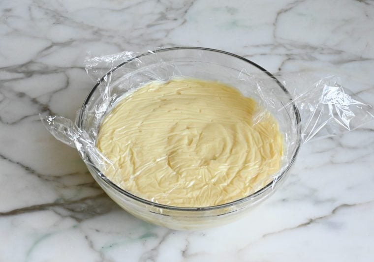 vanilla pudding covered with plastic wrap