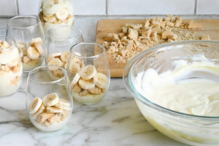 assembling banana pudding parfaits