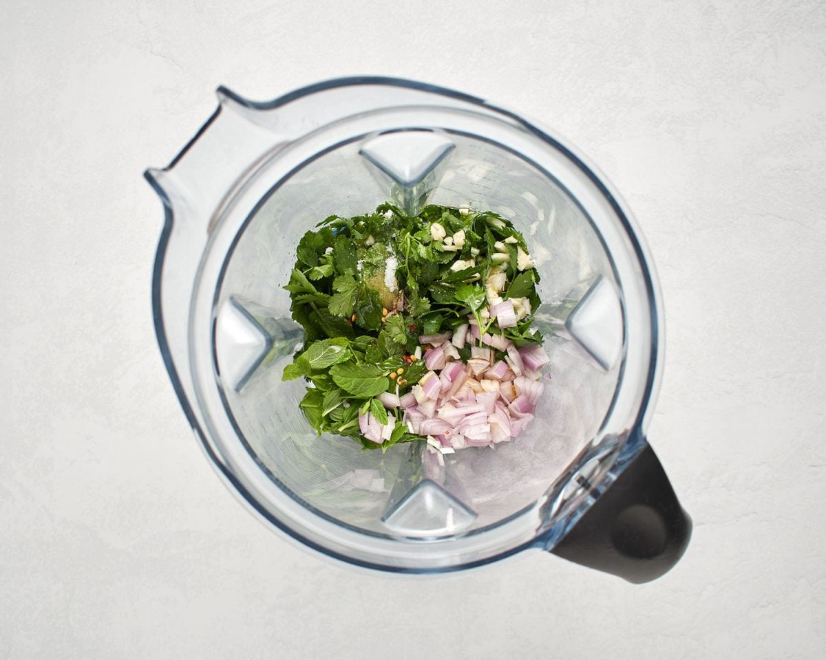 chimichurri sauce ingredients in blender.