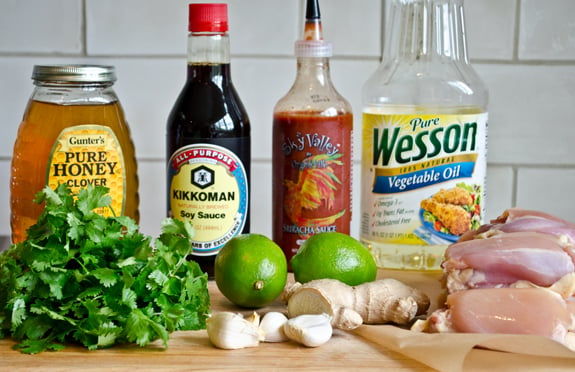 Chicken skewer ingredients including ginger, lime, and soy sauce.