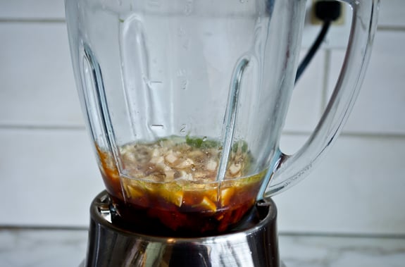 Marinade ingredients in a blender.