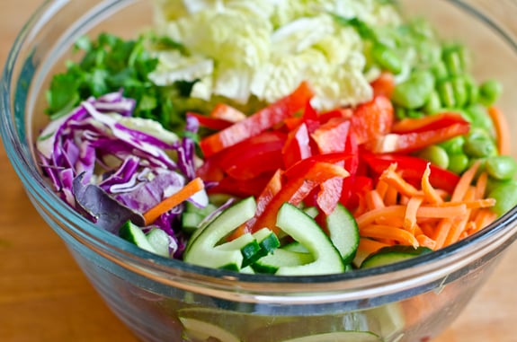 Bowl of unmixed vegetables.