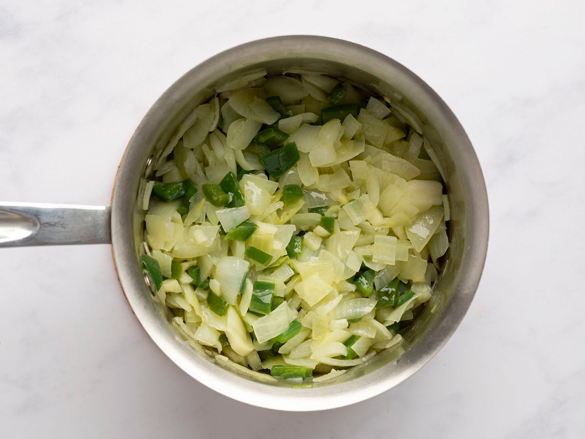 Cooked onion, garlic, and pepper mixture.