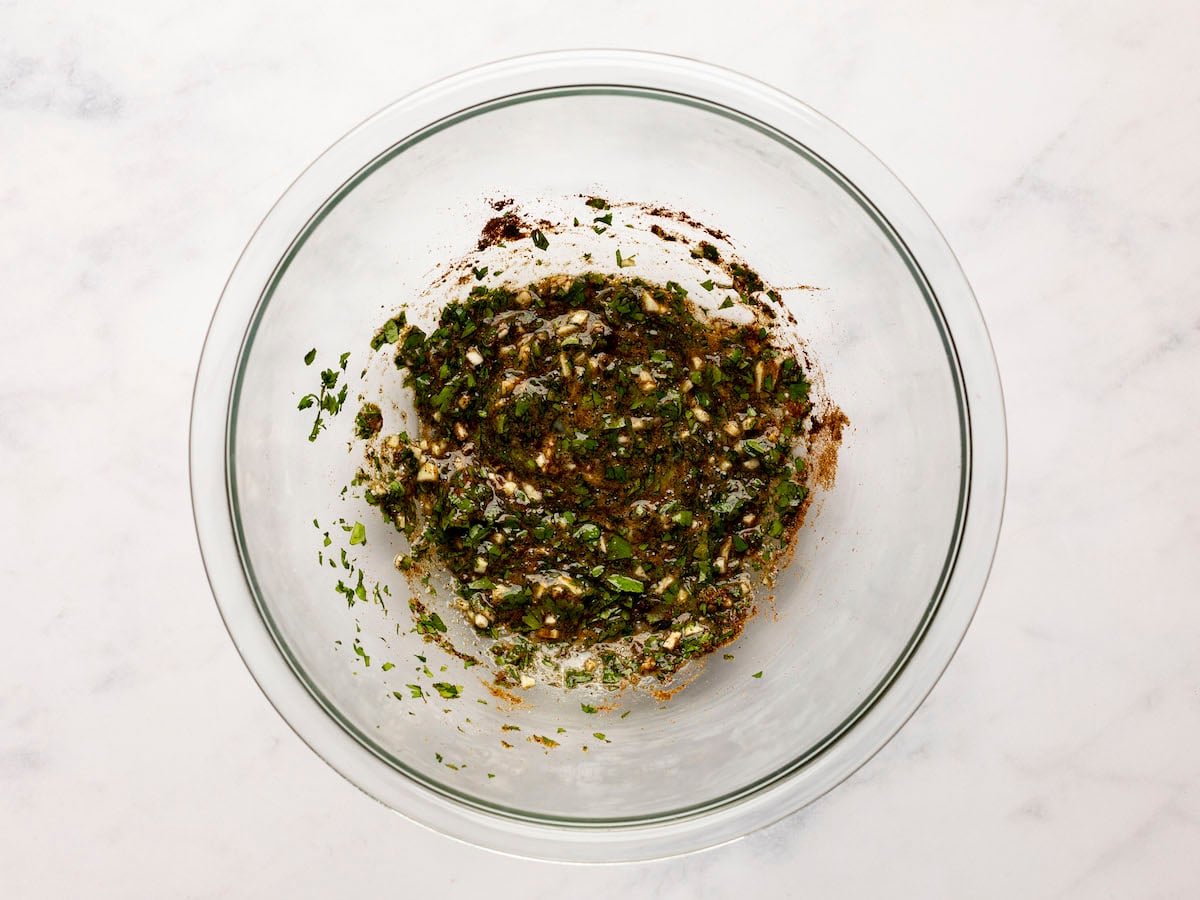 whisked egg and seasoning mixture in bowl.