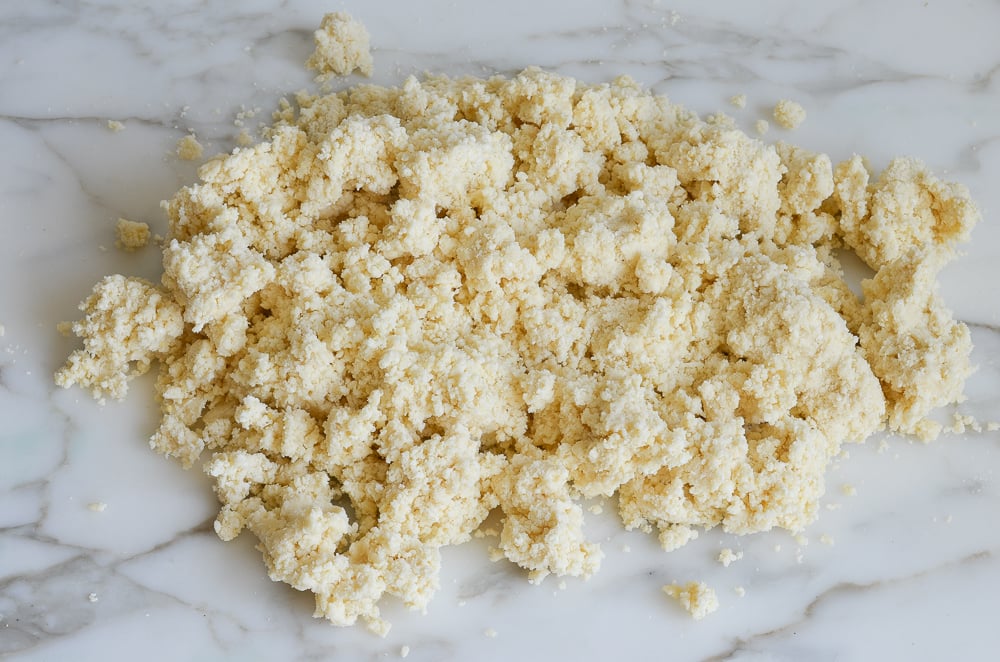 crumbly rugelach dough on work surface