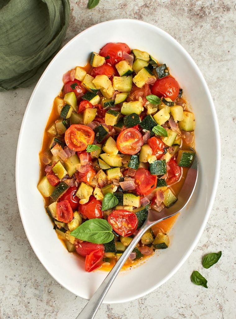 sautéed zucchini and tomatoes on platter