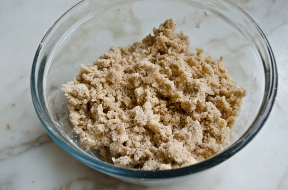 Bowl of dry ingredients with butter rubbed in.