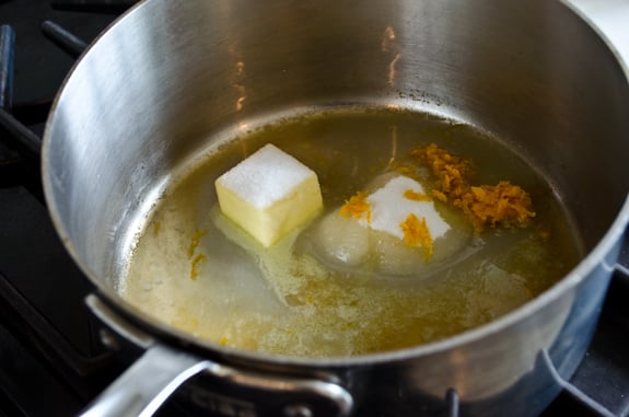 Butter, sugar, and flavorings in a sauce pan.