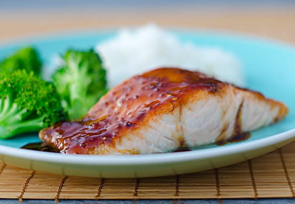 Seared salmon on a plate.