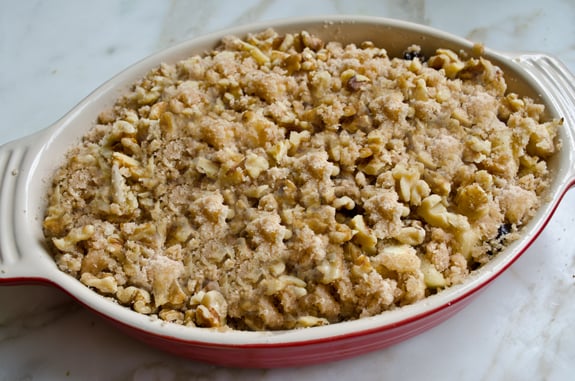 Baking dish topped with a streusel topping.