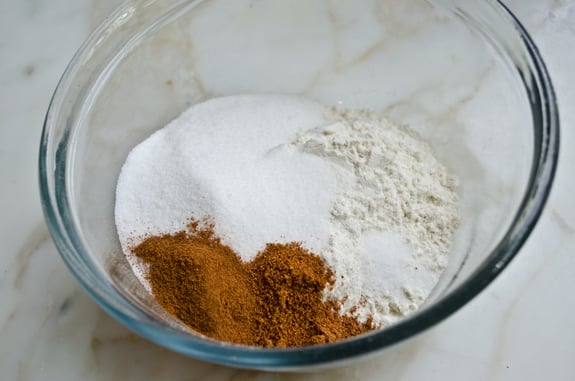 Bowl of unmixed dry ingredients.